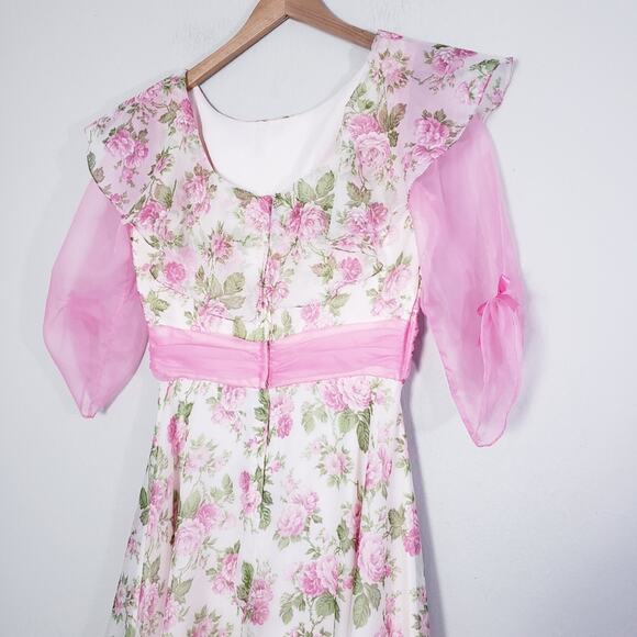 Vintage 70s Sylvia Ann Rose Floral Maxi Gown Regencycore Cottagecore Pink 14 - Picture 8 of 16